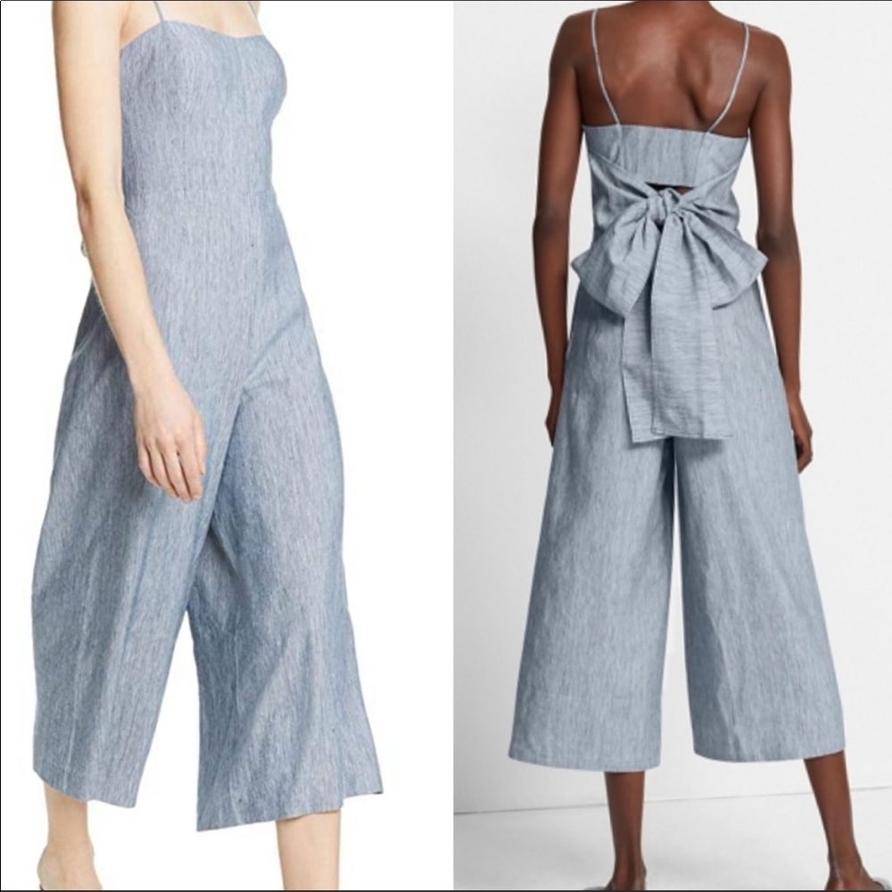 Club Monaco Dalennah Bow Back Cropped Wide Leg Linen Blend Jumpsuit Blue 00 NWT